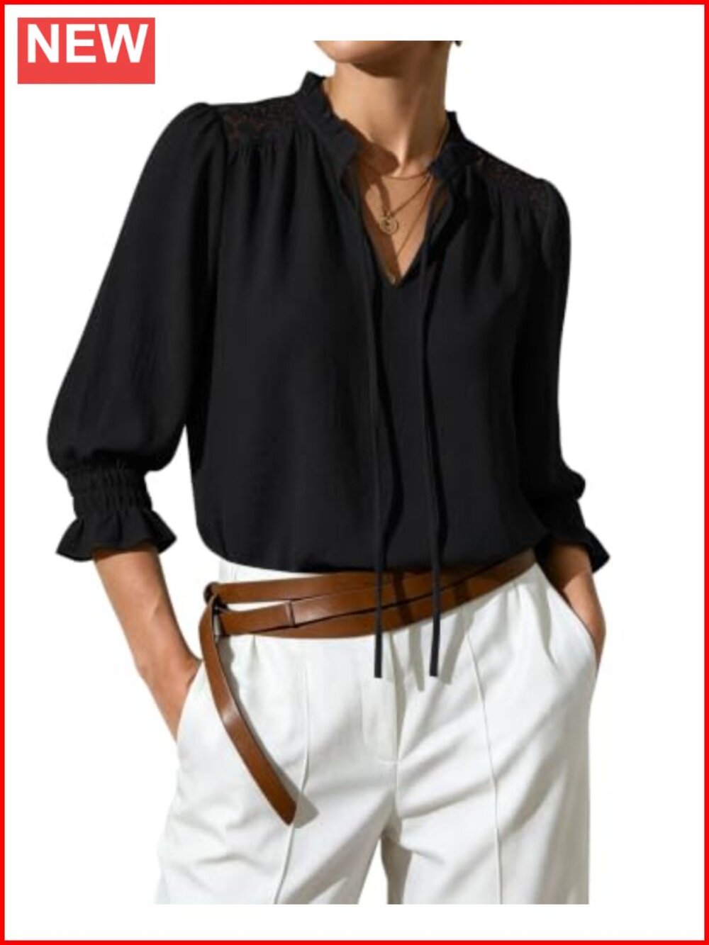 Women's Peasant Blouse 3/4 Sleeve Ruffle Collar Tie V-Neck